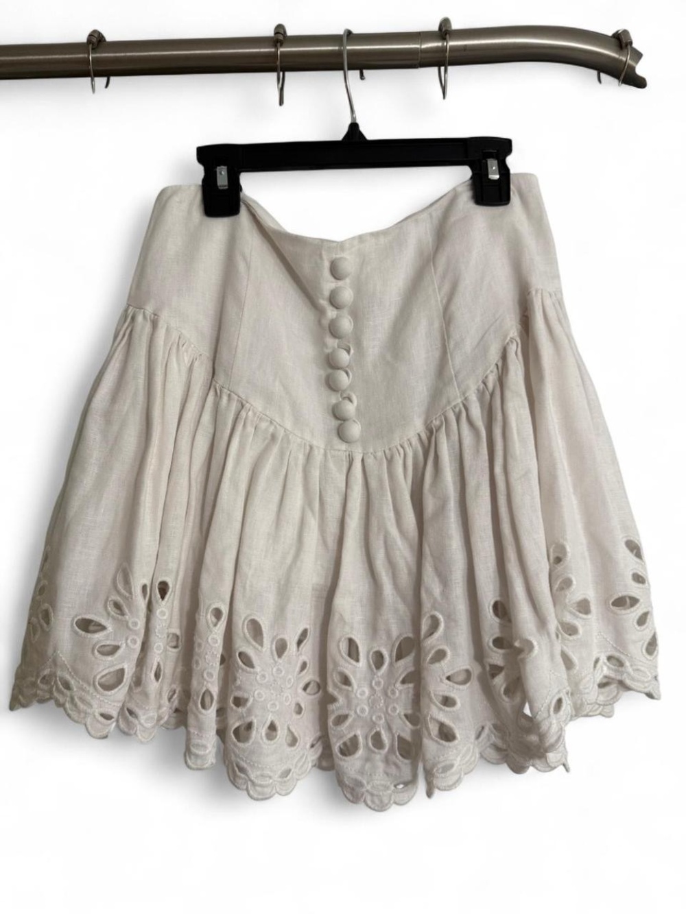 White-Cream Eyelet Linen-Blend Mini Skirt with Covered Buttons